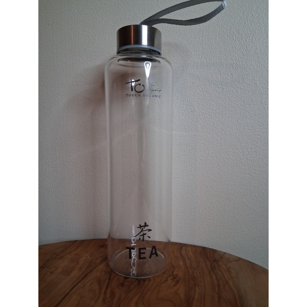Touch Organic Clear Glass Tea Water Bottle Silver Lid with Grey Strap Minimalist